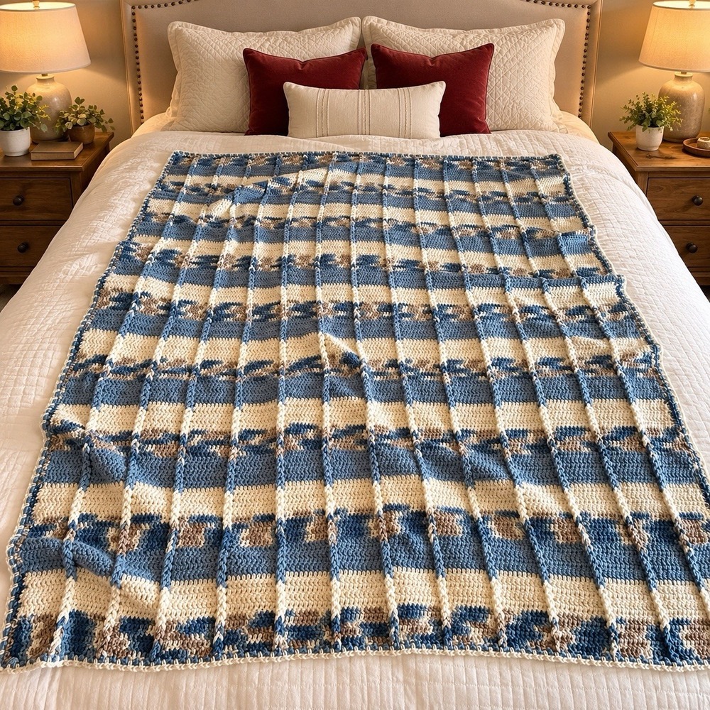 Vintage Handmade Crochet Afghan Ribbed Blue Stripe Weighty Throw Blanket 80x60